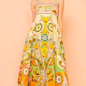 AVANT GARD Multi Color linen PAISLEY PRINT MIDI DRESS M BOAT NECK TIE BACK
